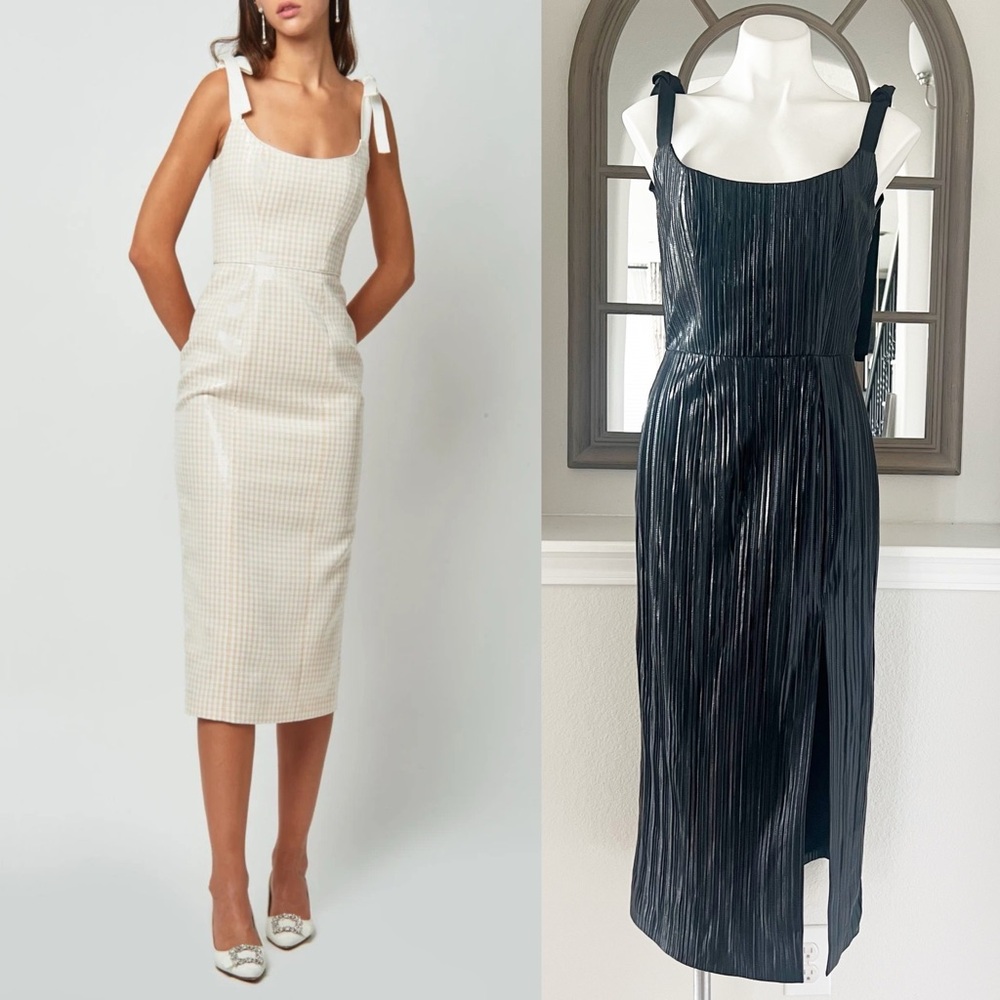 Markarian Imogen Pleated Midi Dress in Black Lame, NWT, Size 6, Retail $1695